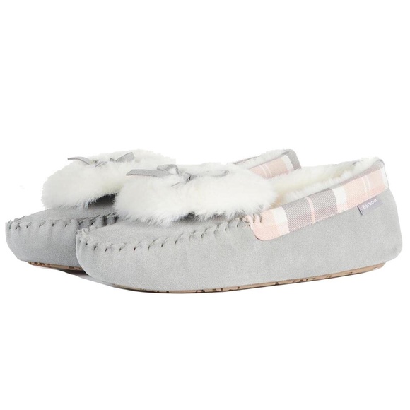 Barbour Ladies DARCIE Mocassin Slippers GRAY Suede Tartan Trim Faux Fur Size 6 - Picture 3 of 4
